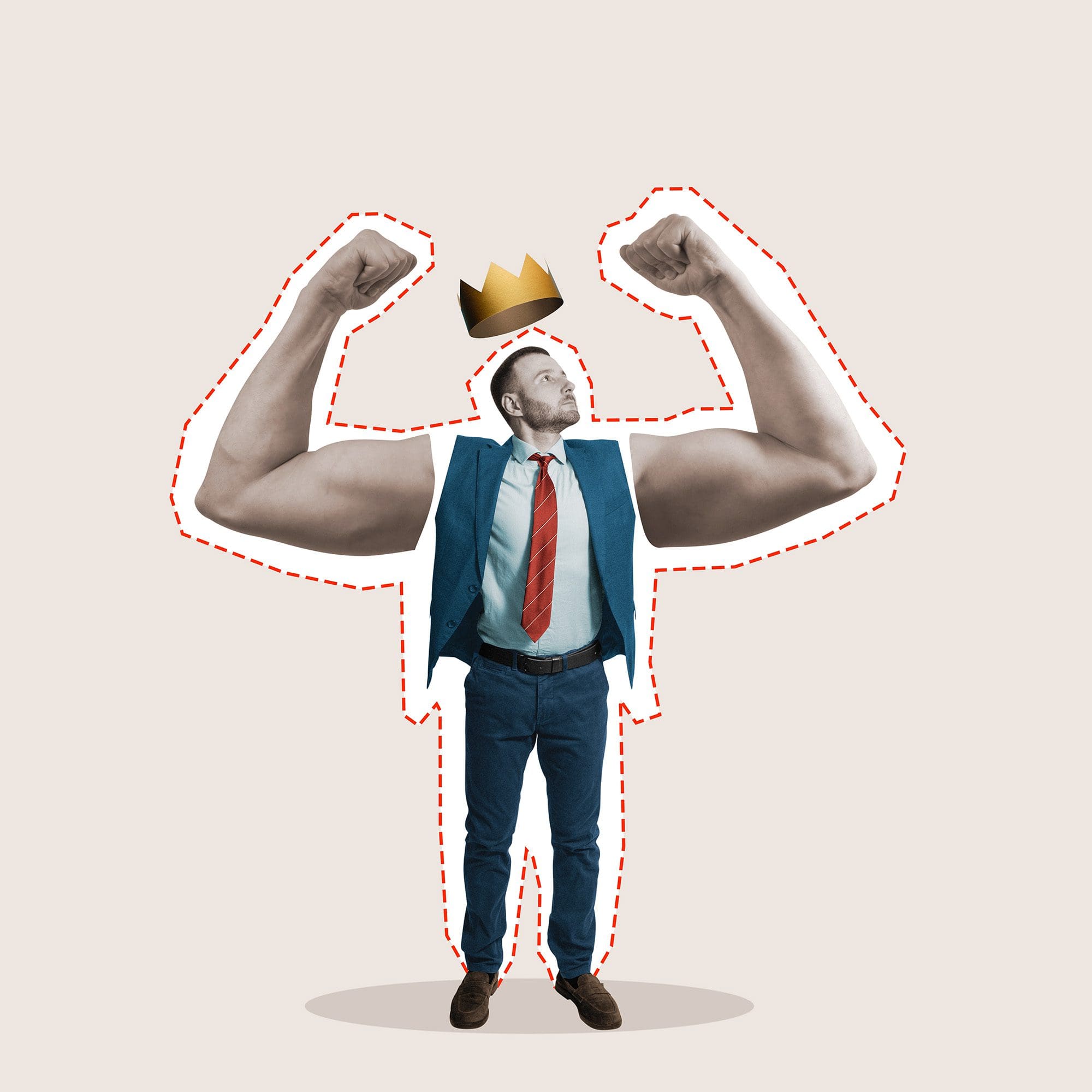Collage of a businessman in a suit, showcasing muscular arms, wearing a crown, symbolizing overcoming self-doubt and achieving confidence.