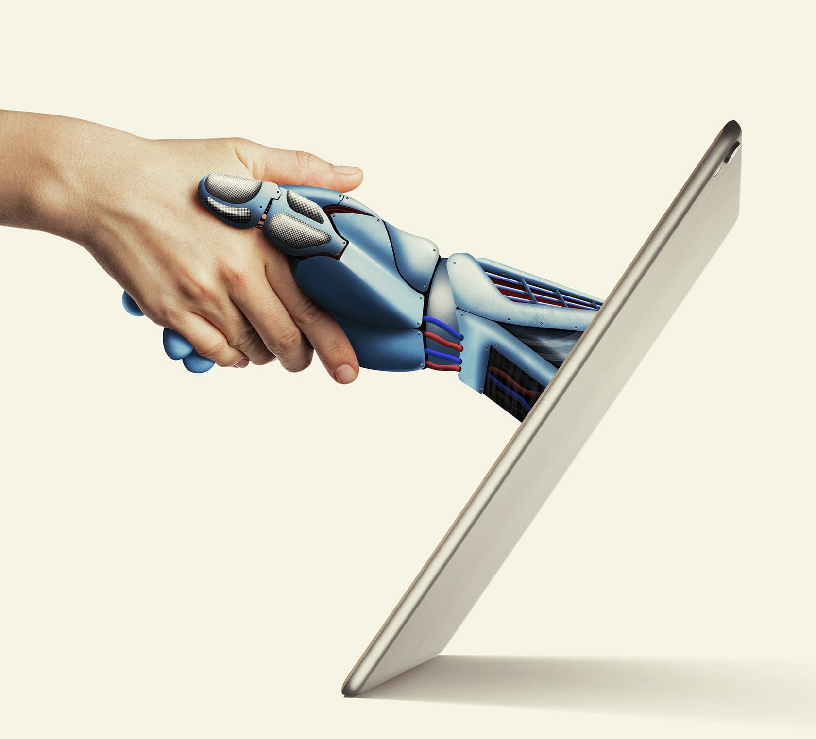 Robotic hand from an iPad screen shaking a human hand, symbolizing Conversational AI's role in modern marketing.
