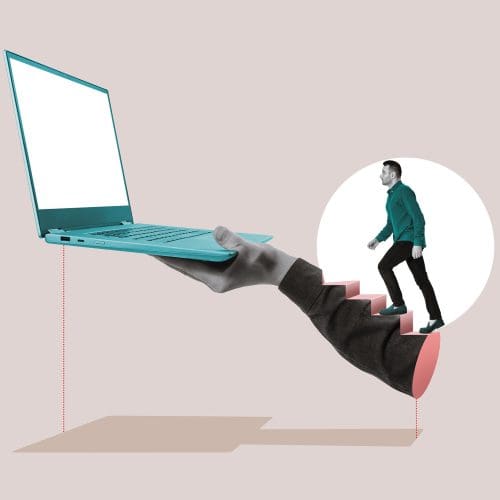 Digital Ascent: Man climbing stairs to an open laptop, symbolizing the journey of leveraging social media as a powerful tool for marketing.
