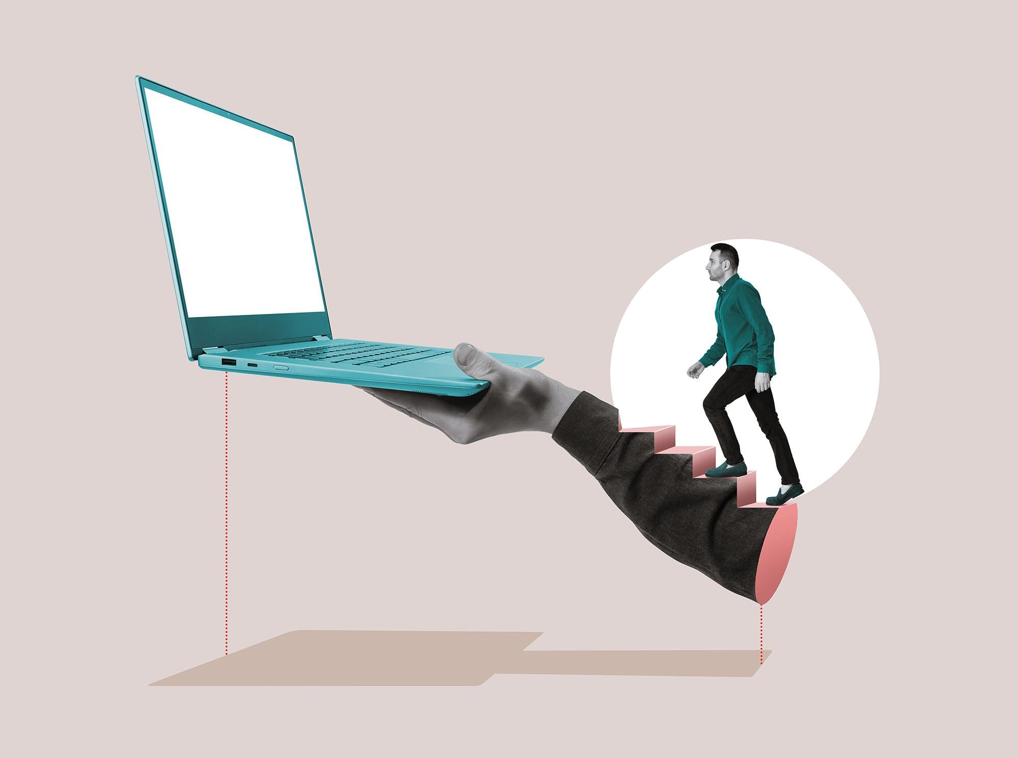 Digital Ascent: Man climbing stairs to an open laptop, symbolizing the journey of leveraging social media as a powerful tool for marketing.
