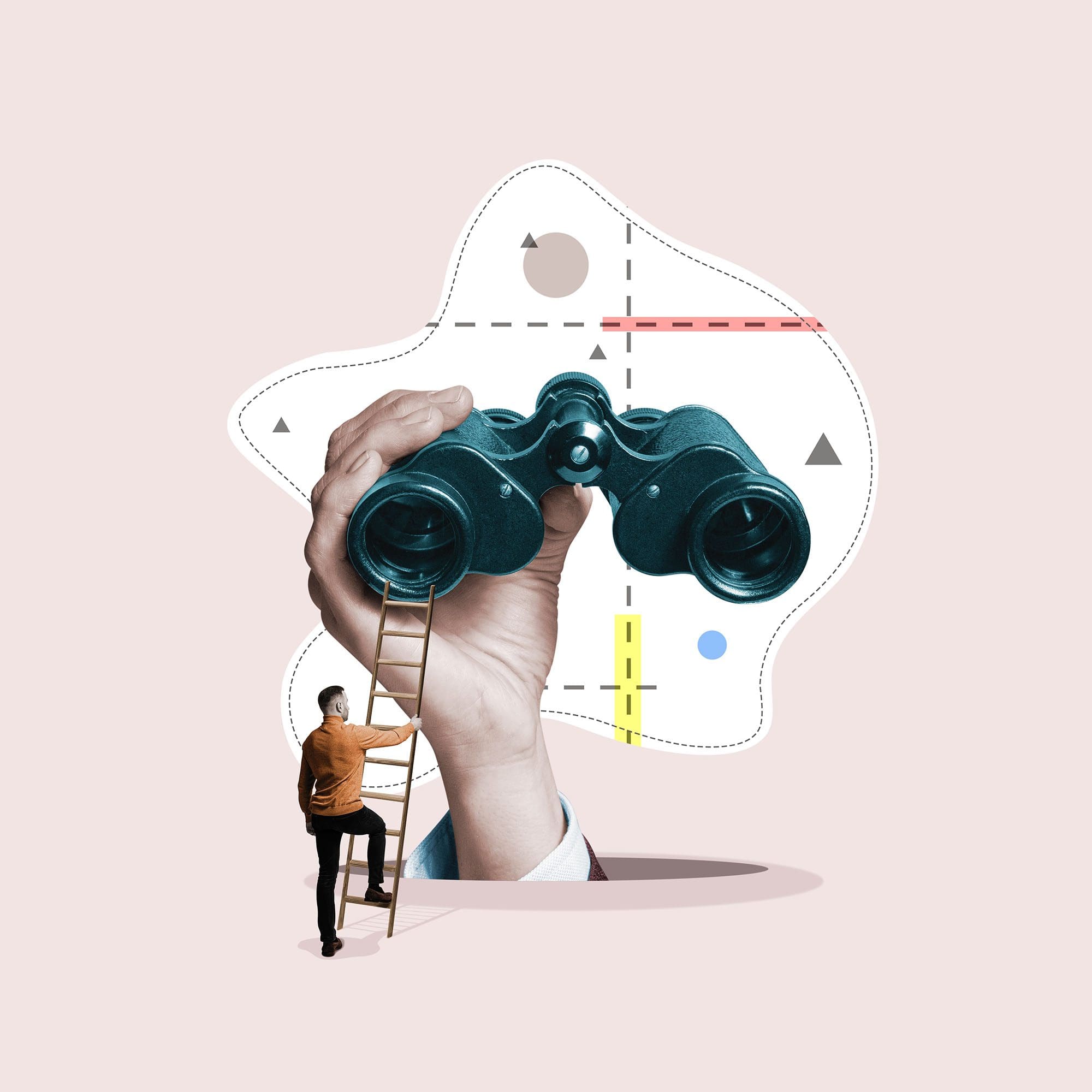 A graphic collage featuring a person climbing a ladder resting on a giant hand holding binoculars, symbolizing the ascent to marketing success through analytics and strategic insights.