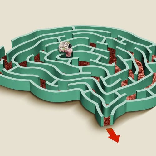 Illustration of a maze-shaped brain with a person holding a map, symbolising VAK based marketing strategies navigating consumer preferences.