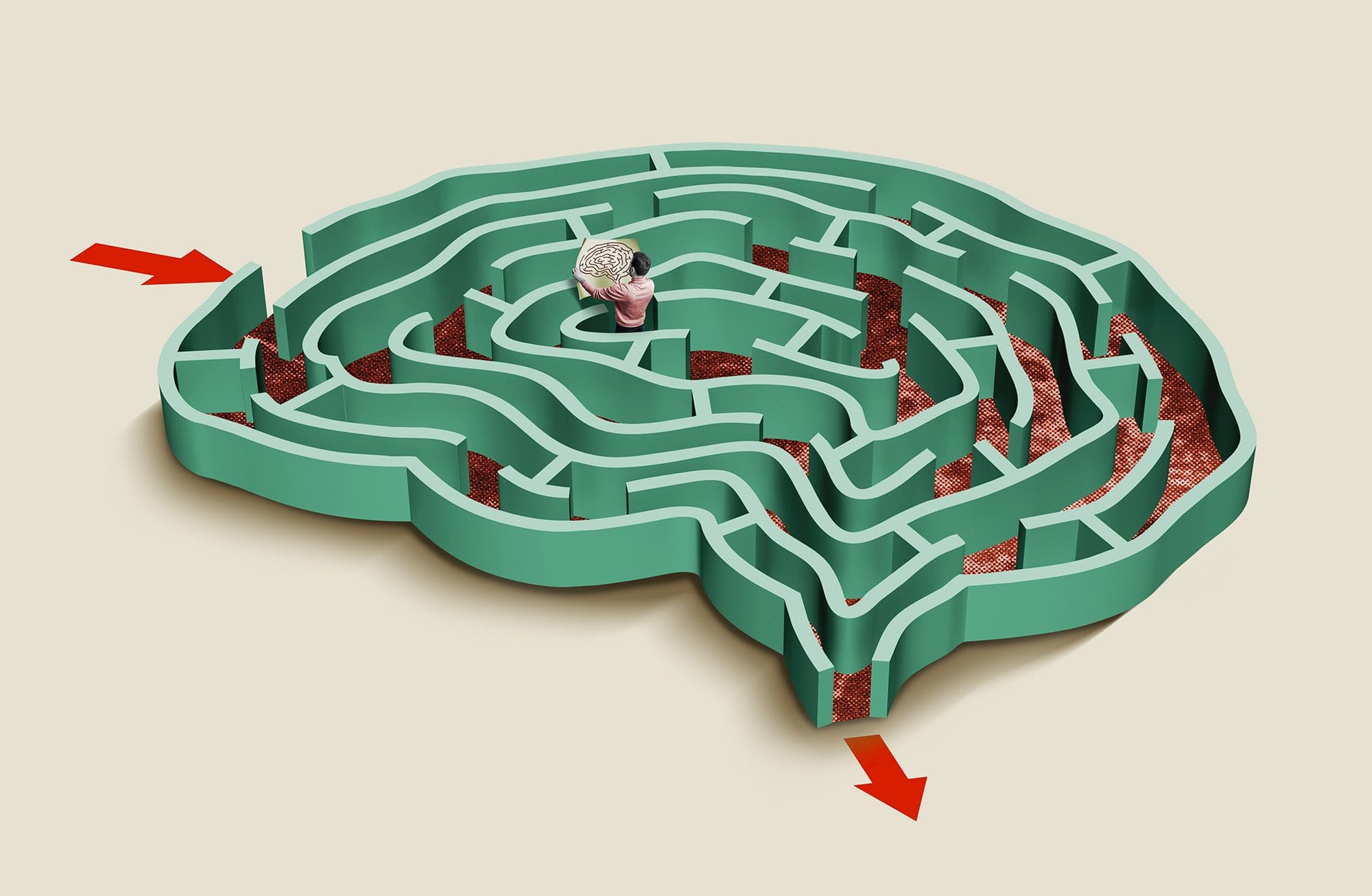 Illustration of a maze-shaped brain with a person holding a map, symbolising VAK based marketing strategies navigating consumer preferences.